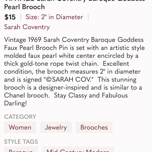 VINTAGE Sarah Coventry Baroque Goddess Pearl Brooch - Picture 4 of 4